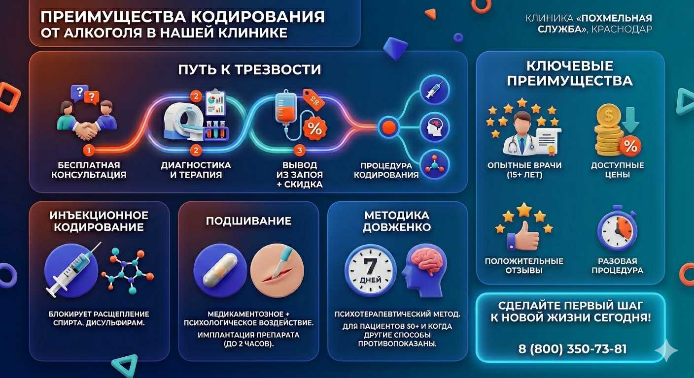 Инфографика о методах кодирования от алкоголя в Серышево: инъекции, подшивание, метод Довженко. Преимущества клиники и этапы лечения.