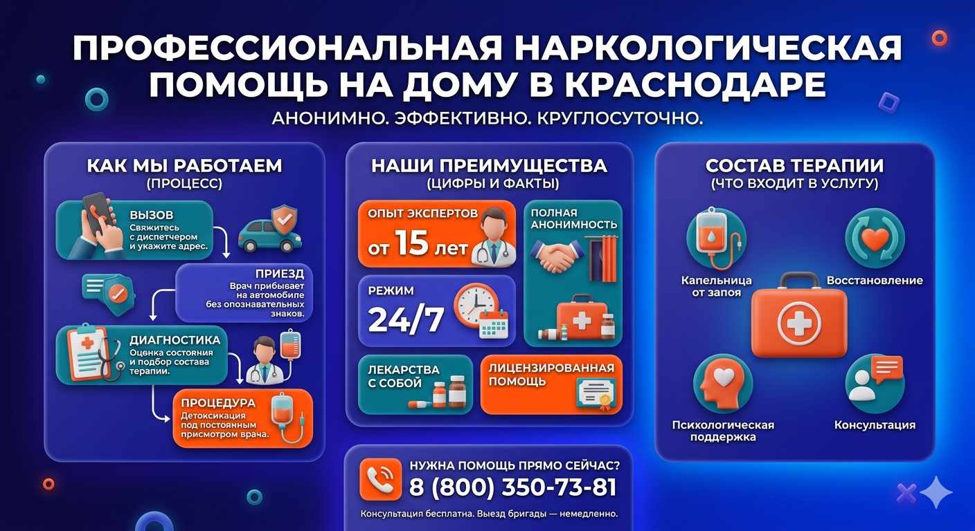 Инфографика о принципах лечения алкоголизма на дому в Серышево: этапы вызова нарколога, преимущества анонимной детоксикации и состав медицинской помощи.